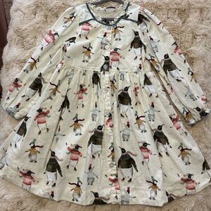 Pink Chicken Penguin Print Dress with Cream Base